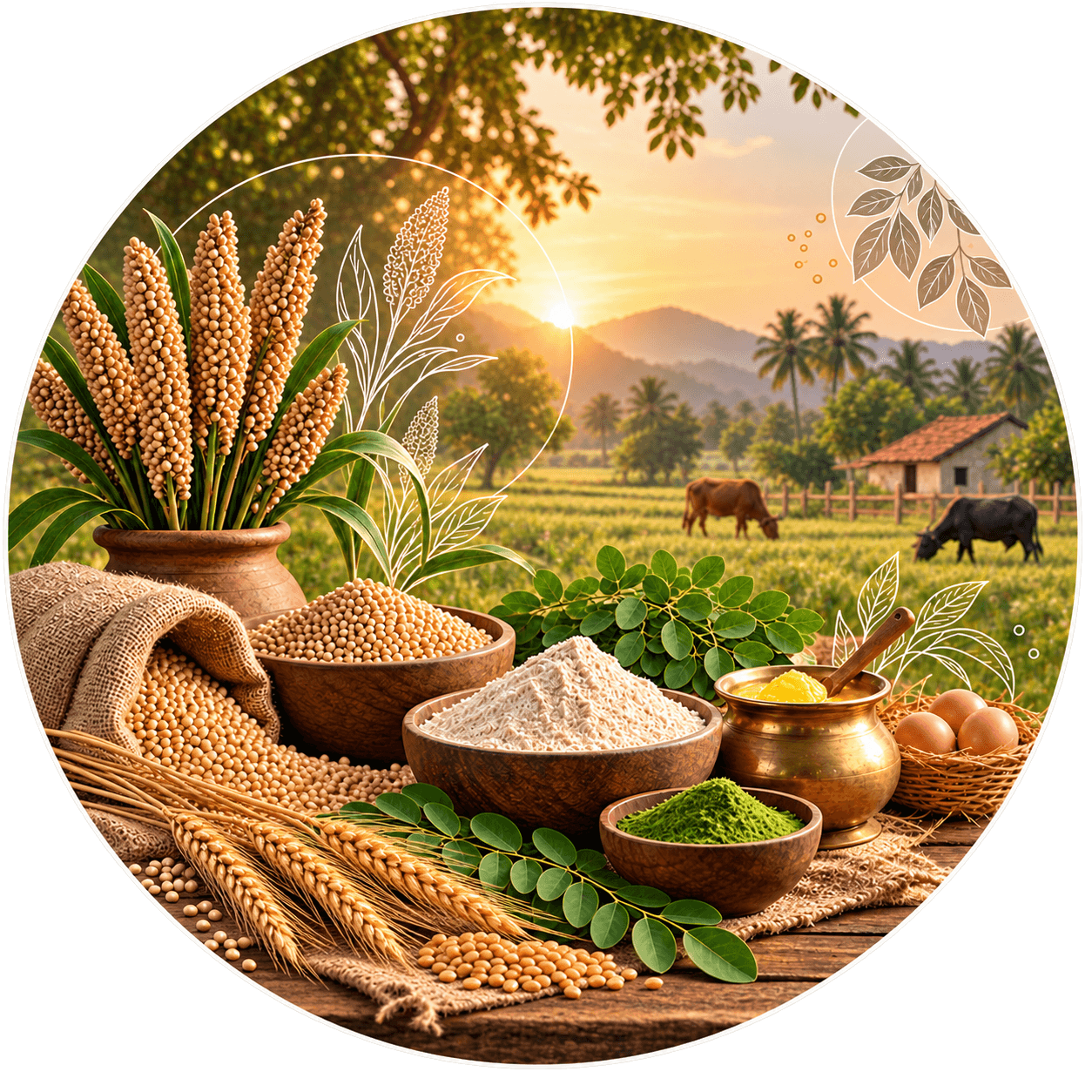 Goodness of desi roots: grains, ghee and fresh greens in front of a village sunrise